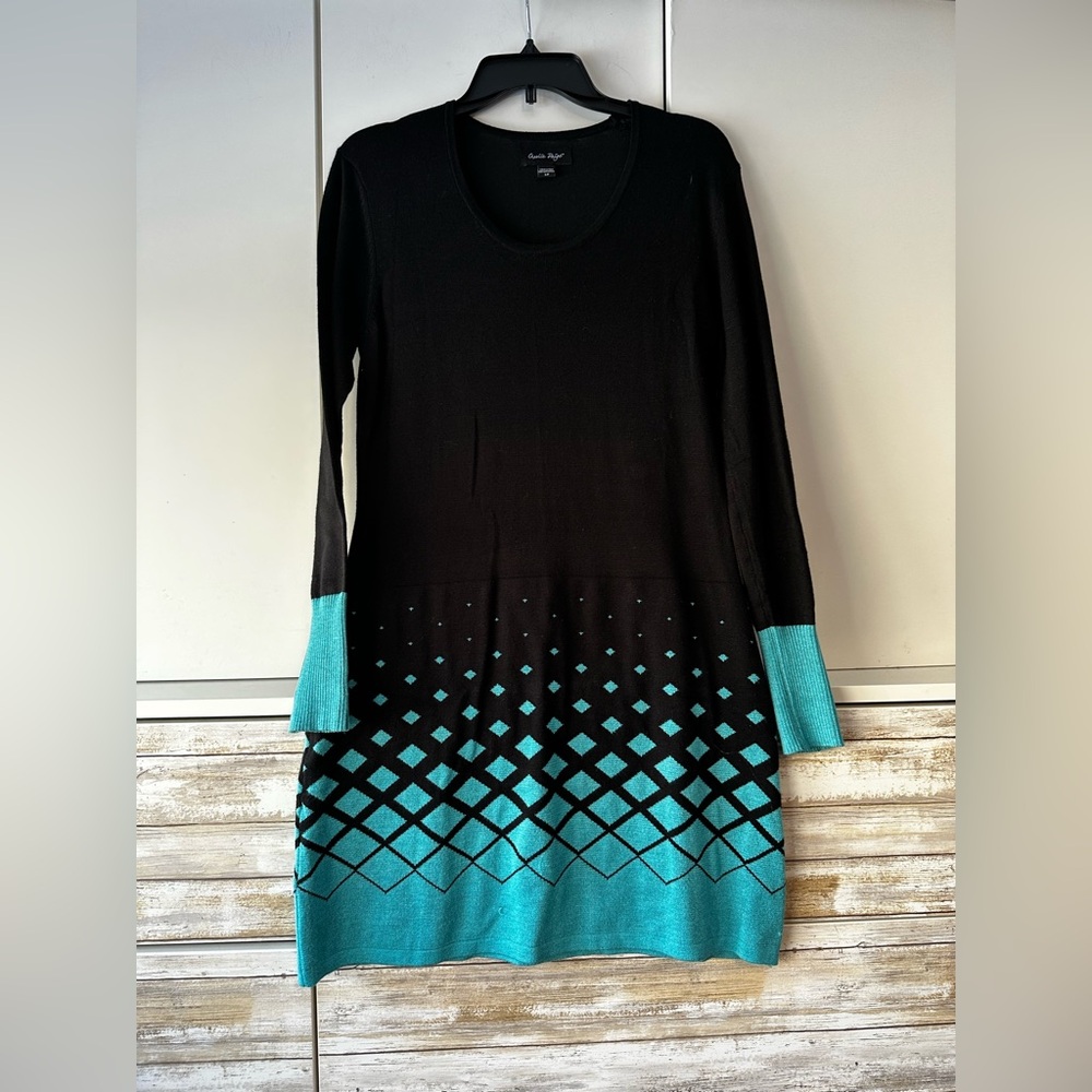🖤 Charles Prizon Sweater Dress Petite Small Black Teal Geometric Knit